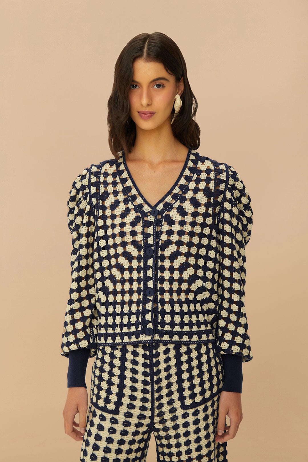 FARM Rio - Blue and White Crochet Cardigan
