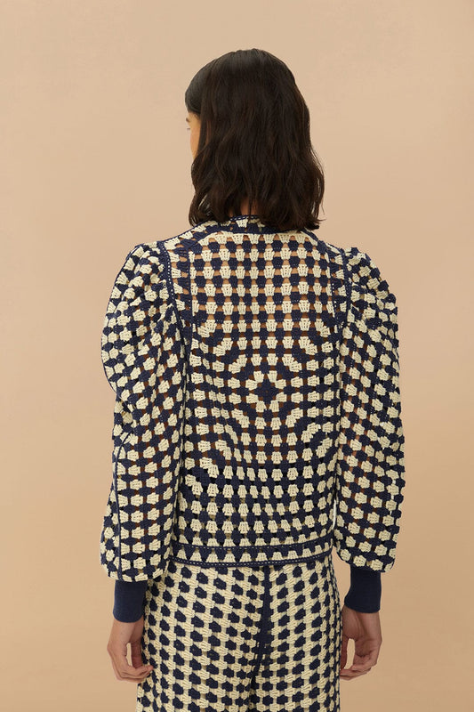 FARM Rio - Blue and White Crochet Cardigan
