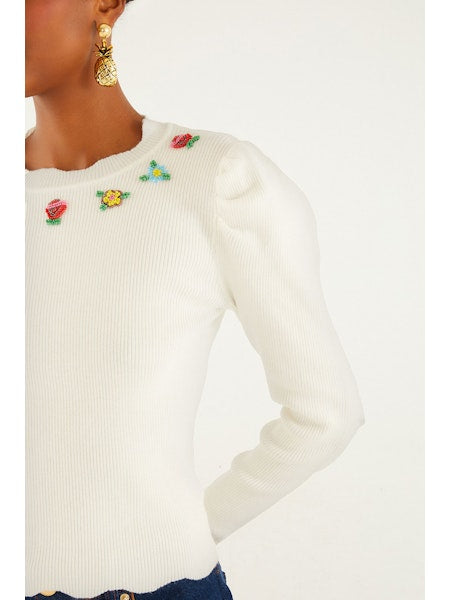 FARM Rio - Flower Embroidery Off-White Knit Top