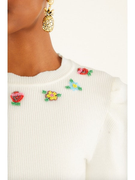 FARM Rio - Flower Embroidery Off-White Knit Top