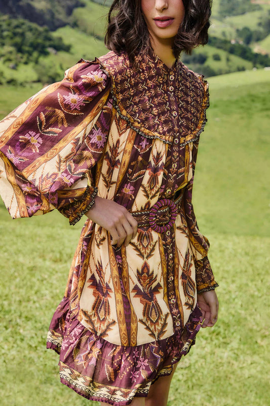 FARM Rio - Embroidered Tapestry Sand Long Sleeve Mini Dress