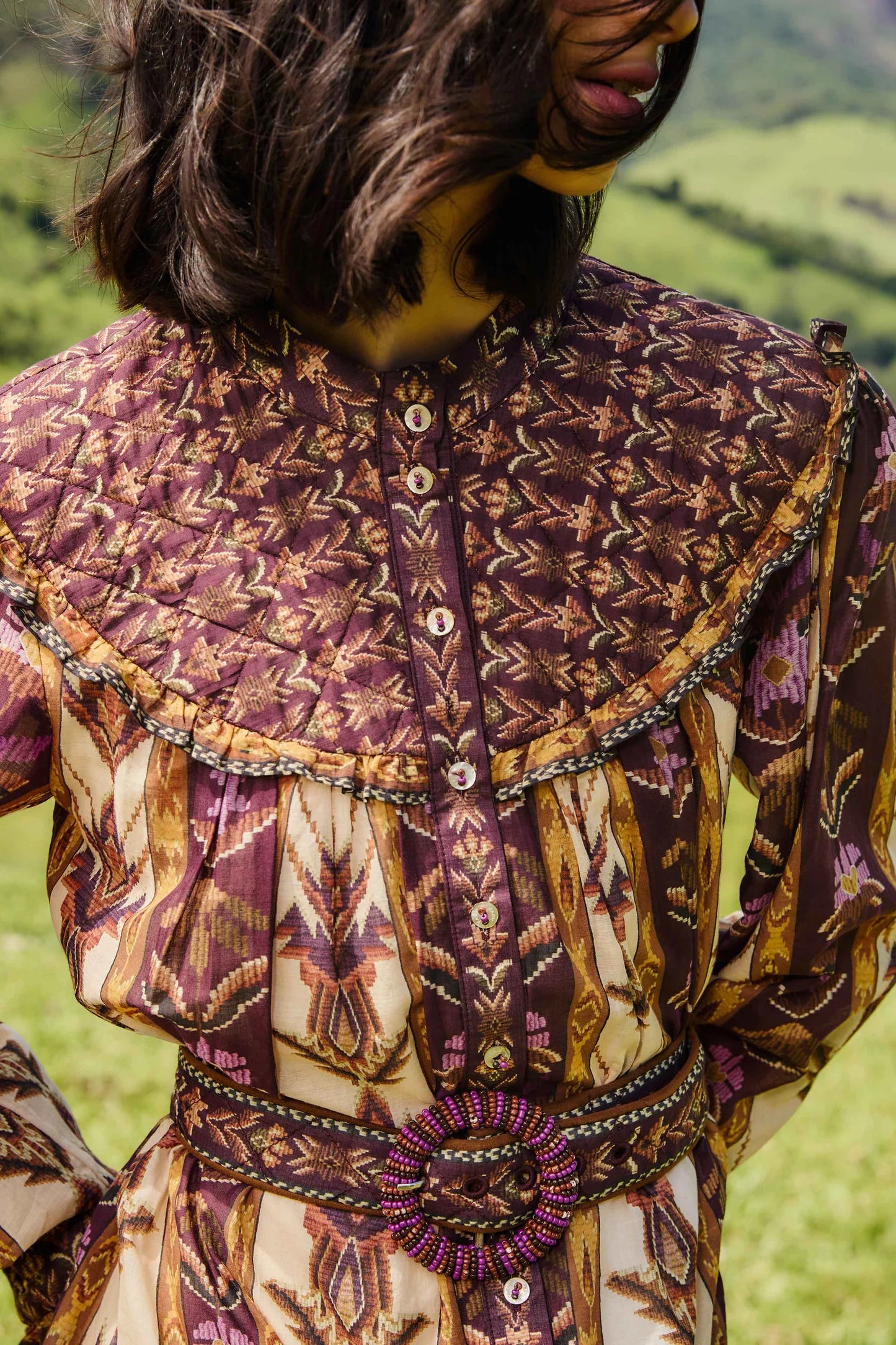FARM Rio - Embroidered Tapestry Sand Long Sleeve Mini Dress
