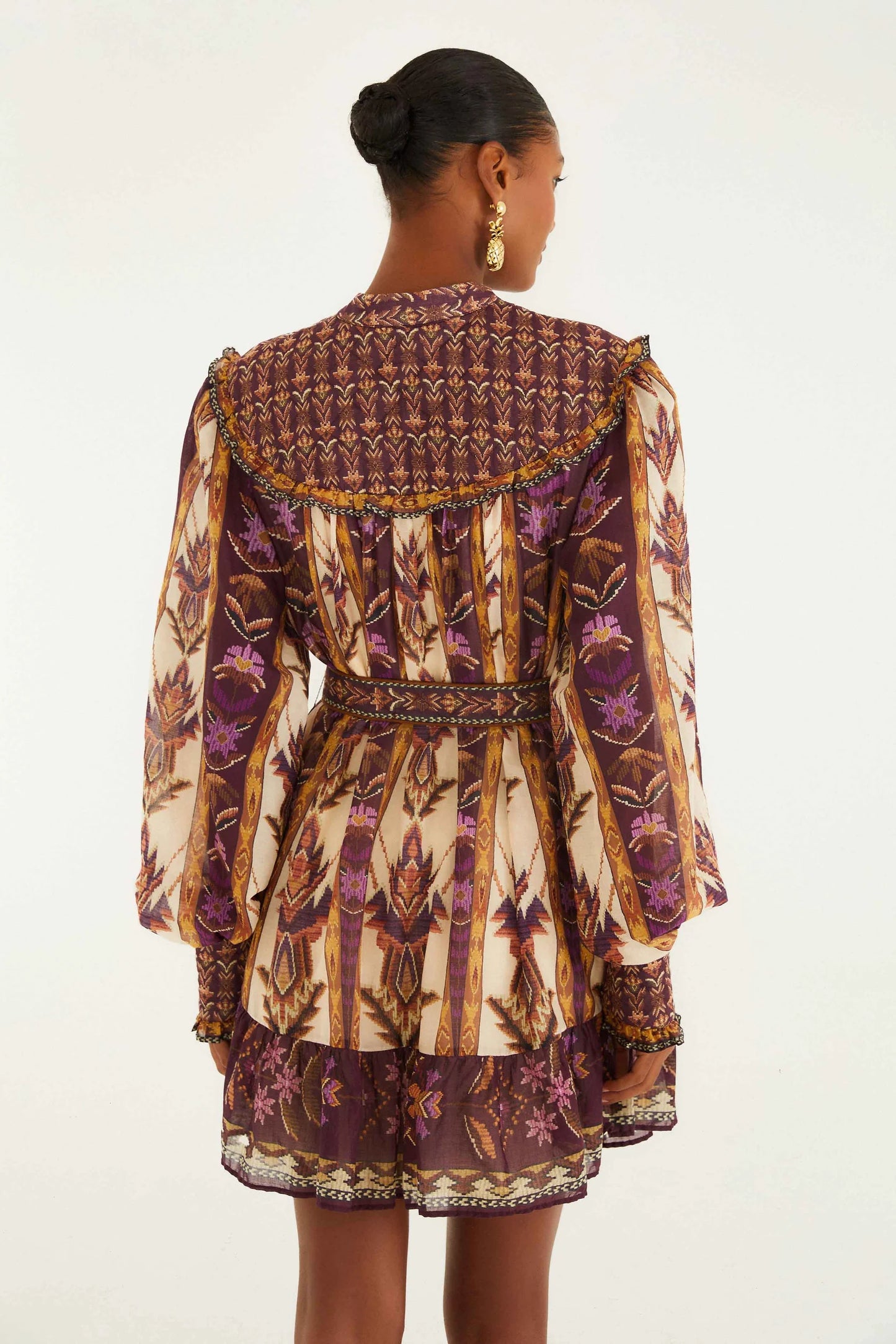 FARM Rio - Embroidered Tapestry Sand Long Sleeve Mini Dress