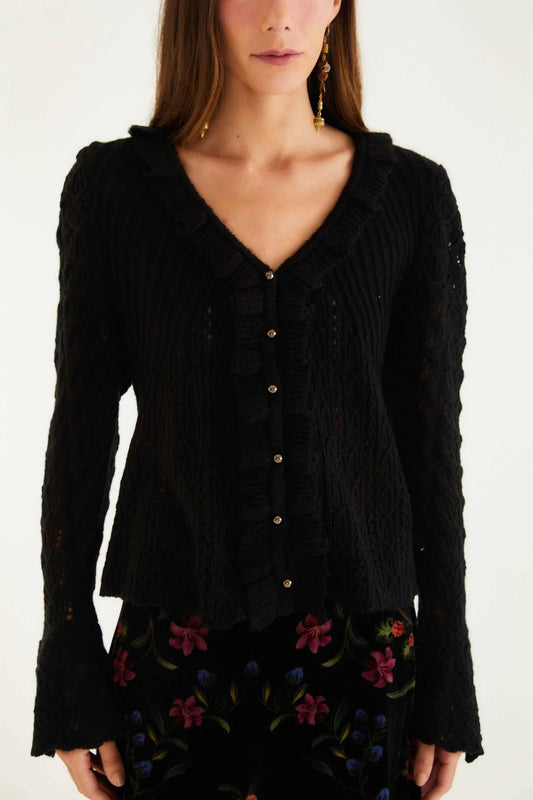FARM Rio - Lace Stitch Ruffles Cardigan - Black