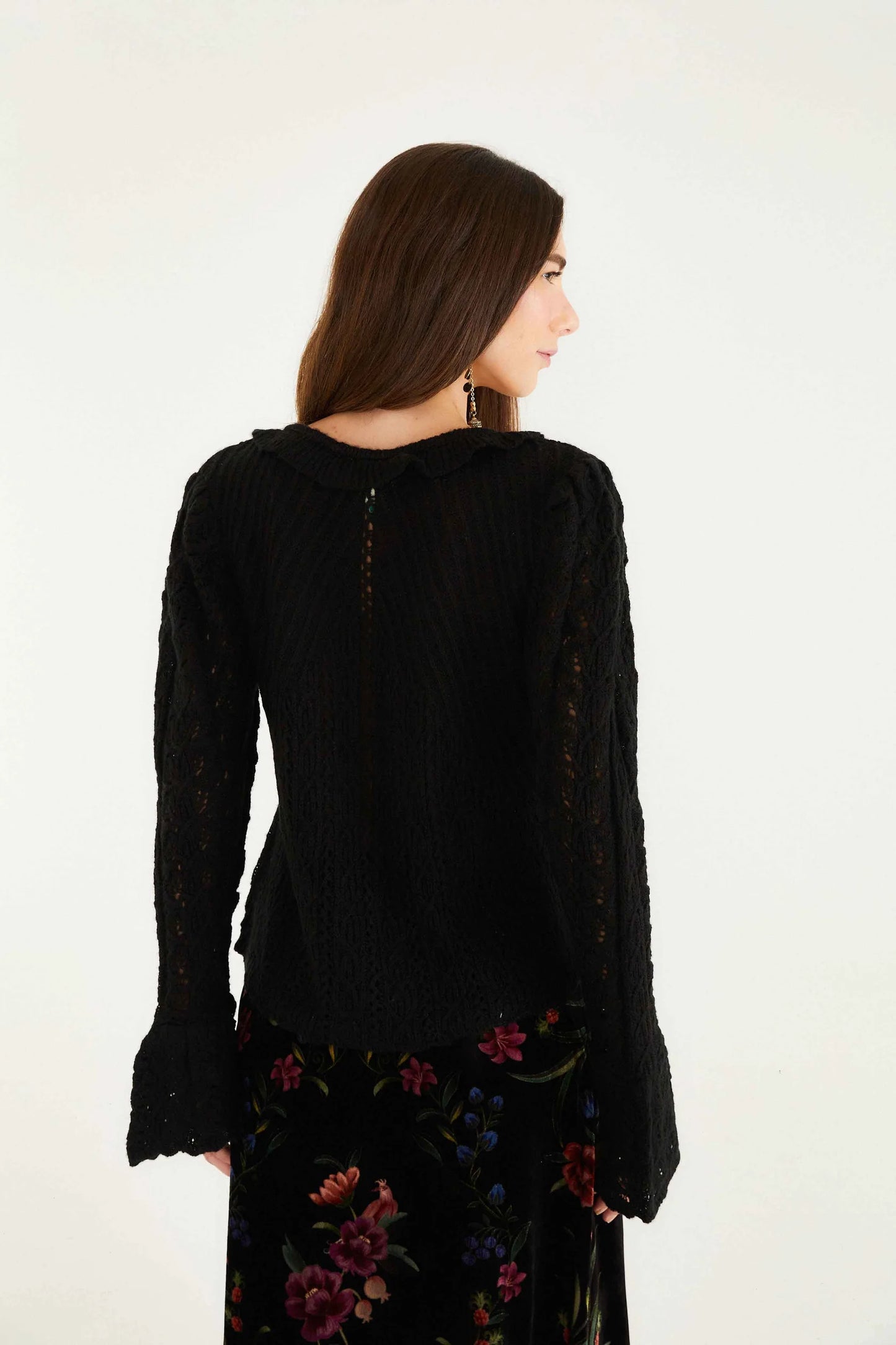 FARM Rio - Lace Stitch Ruffles Cardigan - Black