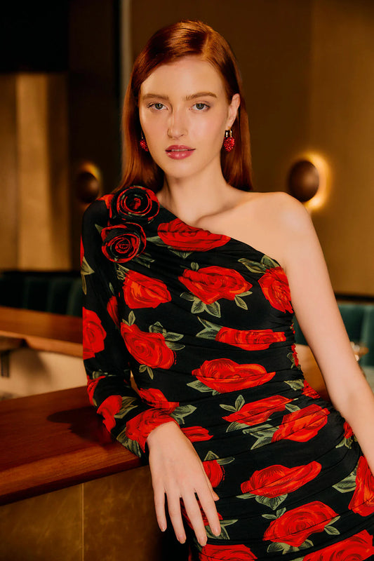FARM Rio - Latin Roses Black One Shoulder Midi Dress