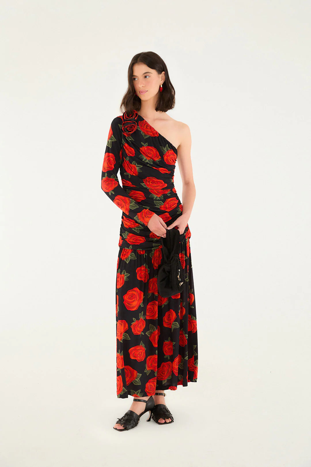 FARM Rio - Latin Roses Black One Shoulder Midi Dress