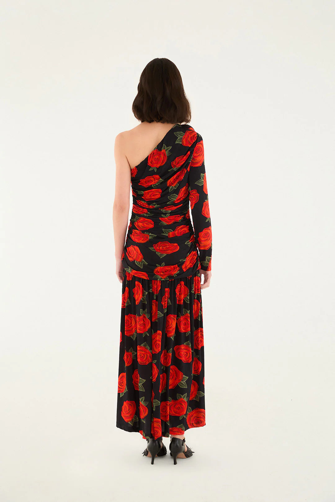 FARM Rio - Latin Roses Black One Shoulder Midi Dress