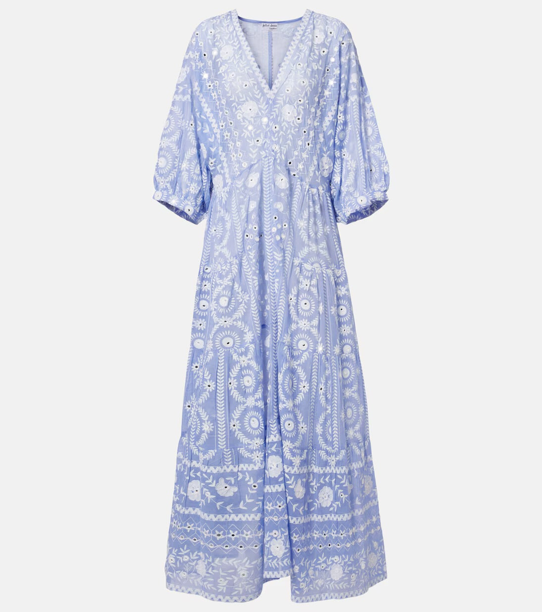 Juliet Dunn - V-Neck Maxi Dress in Mexican Print w/ Mirror Embroidery
