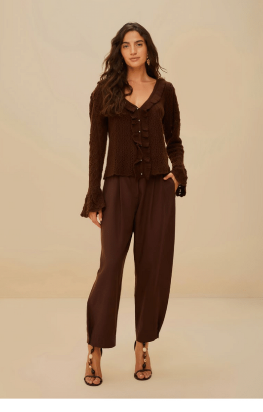 FARM Rio - Lace Stitch Ruffles Cardigan - Brown