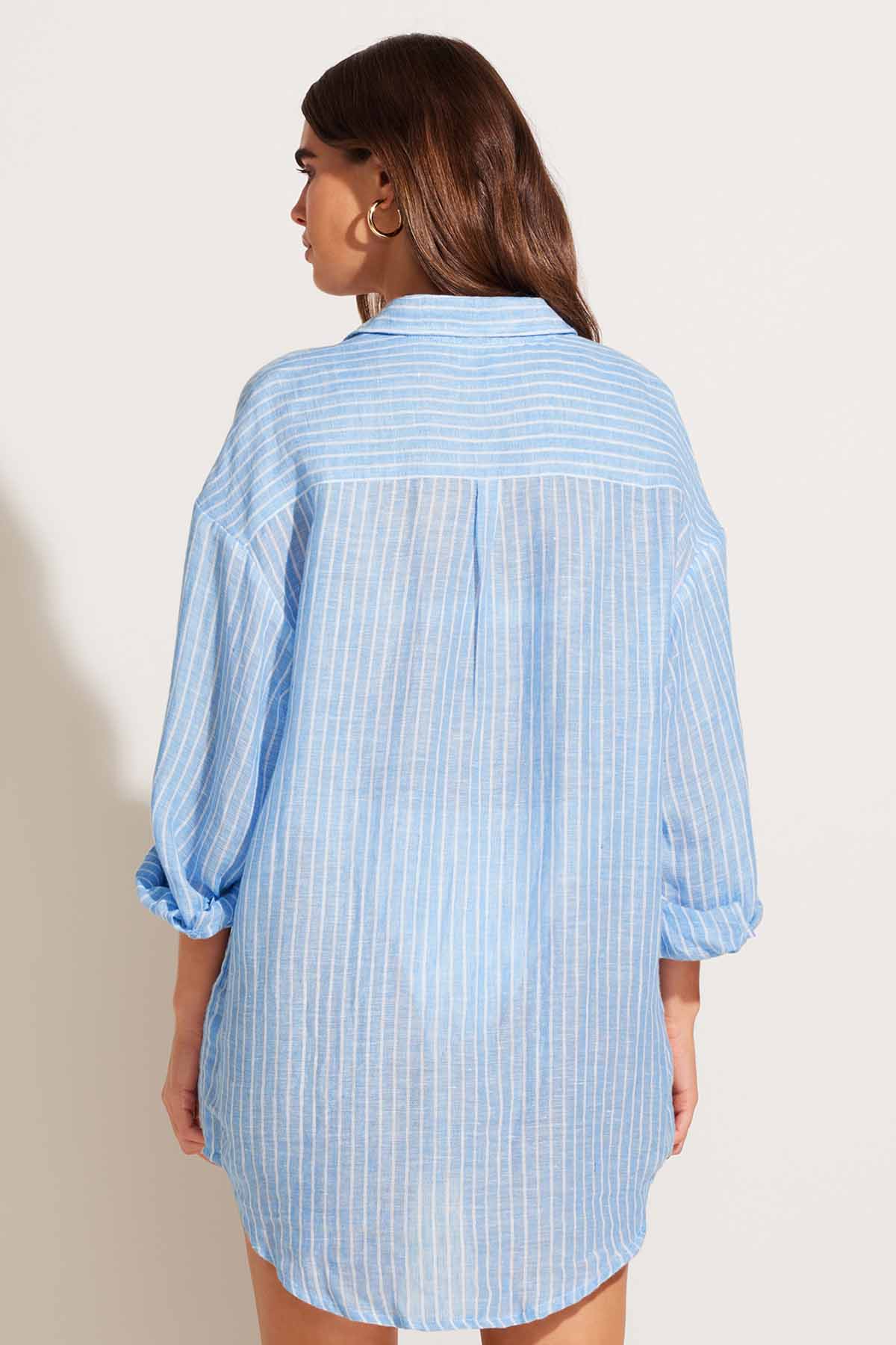 Vitamin A - Playa Linen Boyfriend Shirt in Summer Stripe