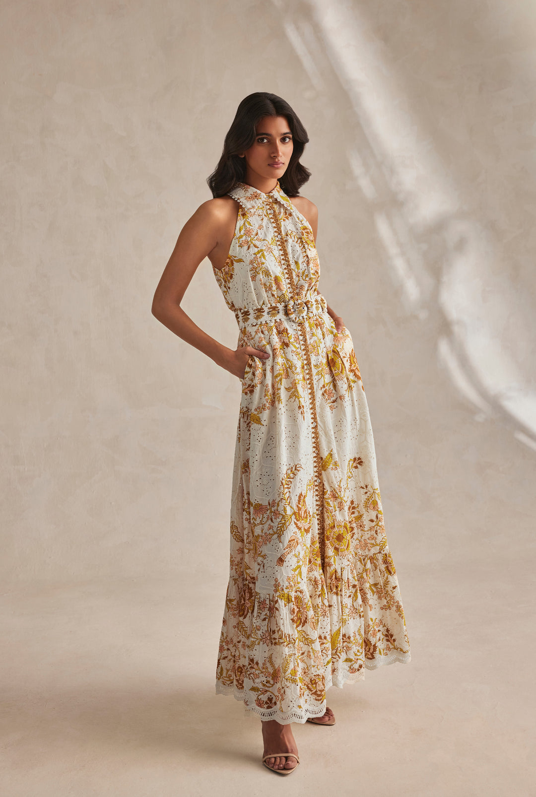 Hemant Nandita Long Dress with Buckle Belt