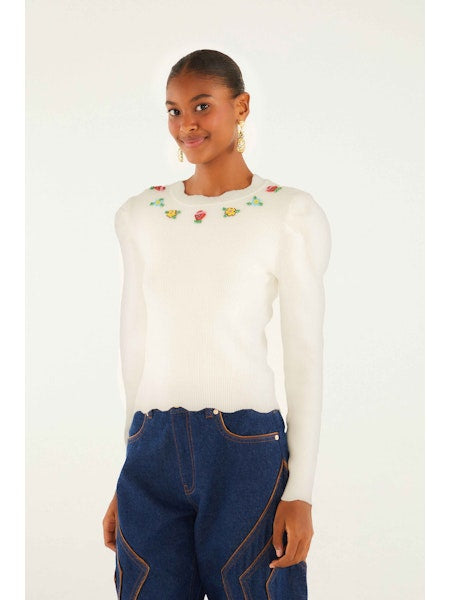 FARM Rio - Flower Embroidery Off-White Knit Top