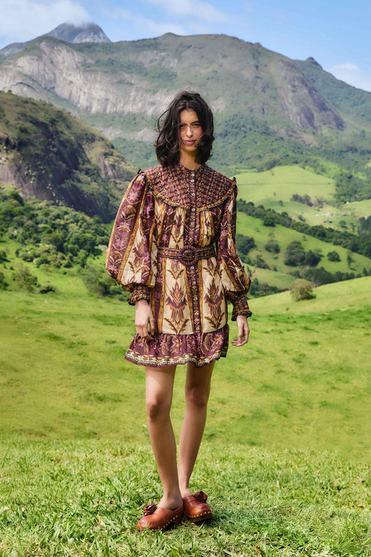 FARM Rio - Embroidered Tapestry Sand Long Sleeve Mini Dress
