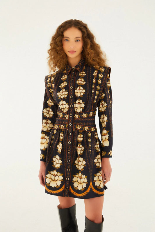 FARM Rio - Embroidered Flowers Black Long Sleeve Mini Dress