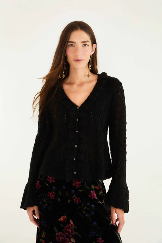 FARM Rio - Lace Stitch Ruffles Cardigan - Black