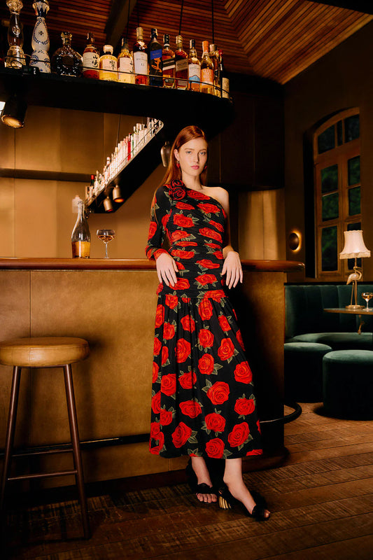 FARM Rio - Latin Roses Black One Shoulder Midi Dress