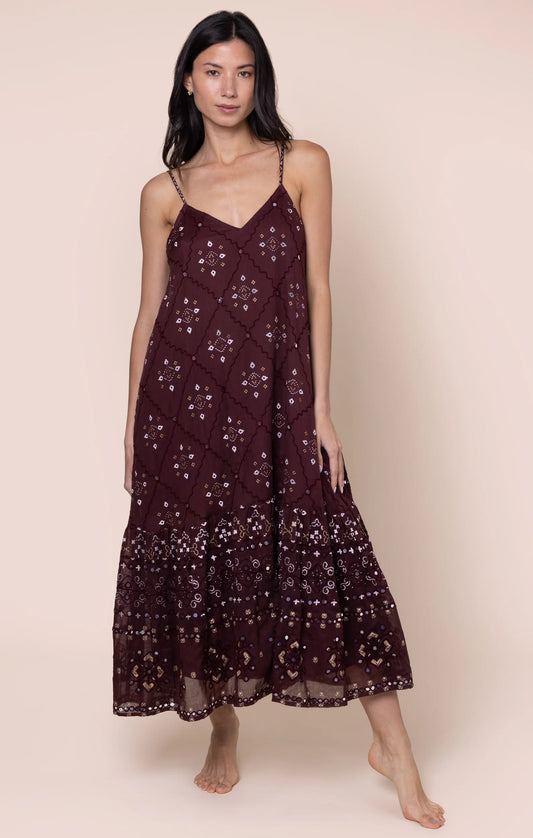 Juliet Dunn - Mosaic V-Neck Midi Dress -Black Cherry
