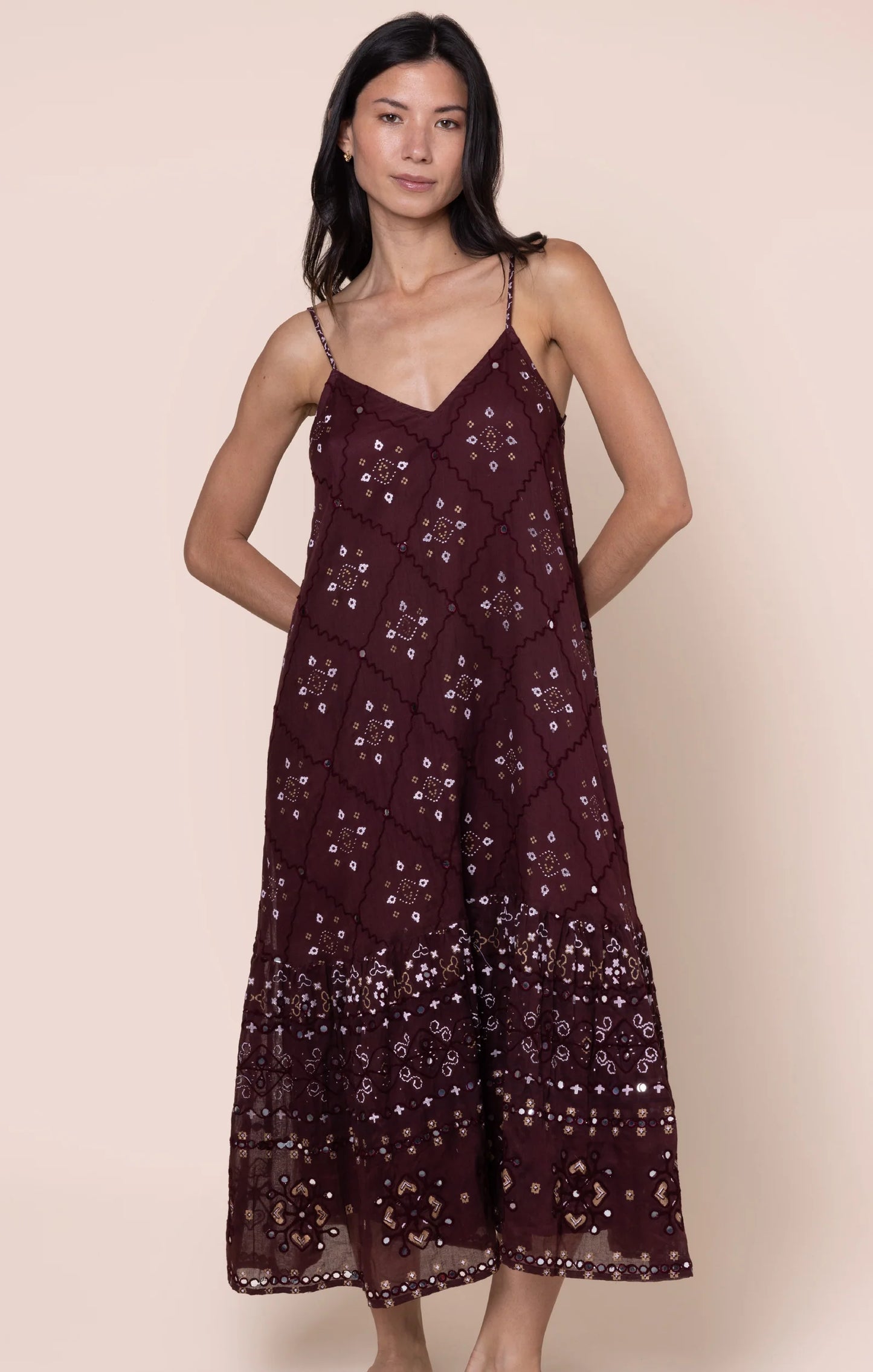 Juliet Dunn - Mosaic V-Neck Midi Dress -Black Cherry