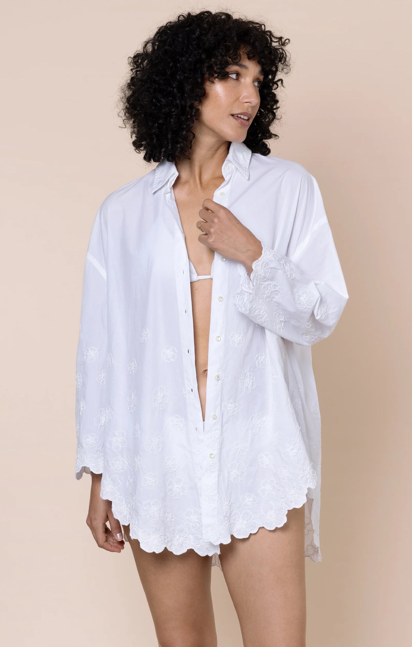 Juliet Dunn - White Floral Cord Embroidered Shirt