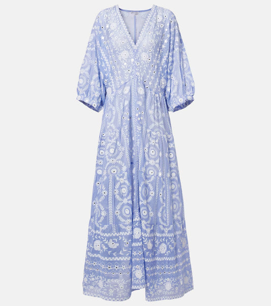 Juliet Dunn -  V-Neck Maxi Dress in Mexican Print w/ Mirror Embroidery