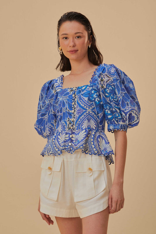 FARM Rio - Blue Tile Dream Short Sleeve Blouse