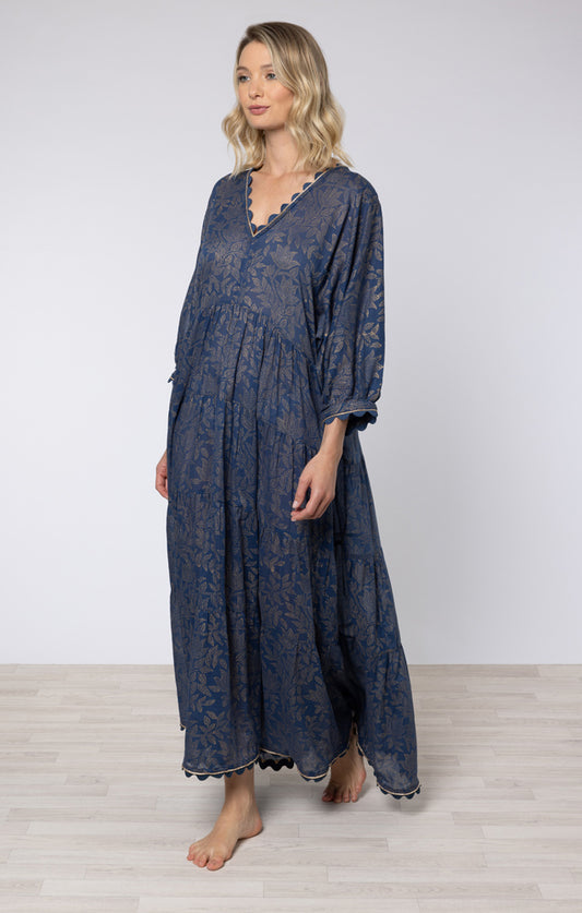 Juliet Dunn London - V Neck Loose Maxi Dress in Gold Block Print