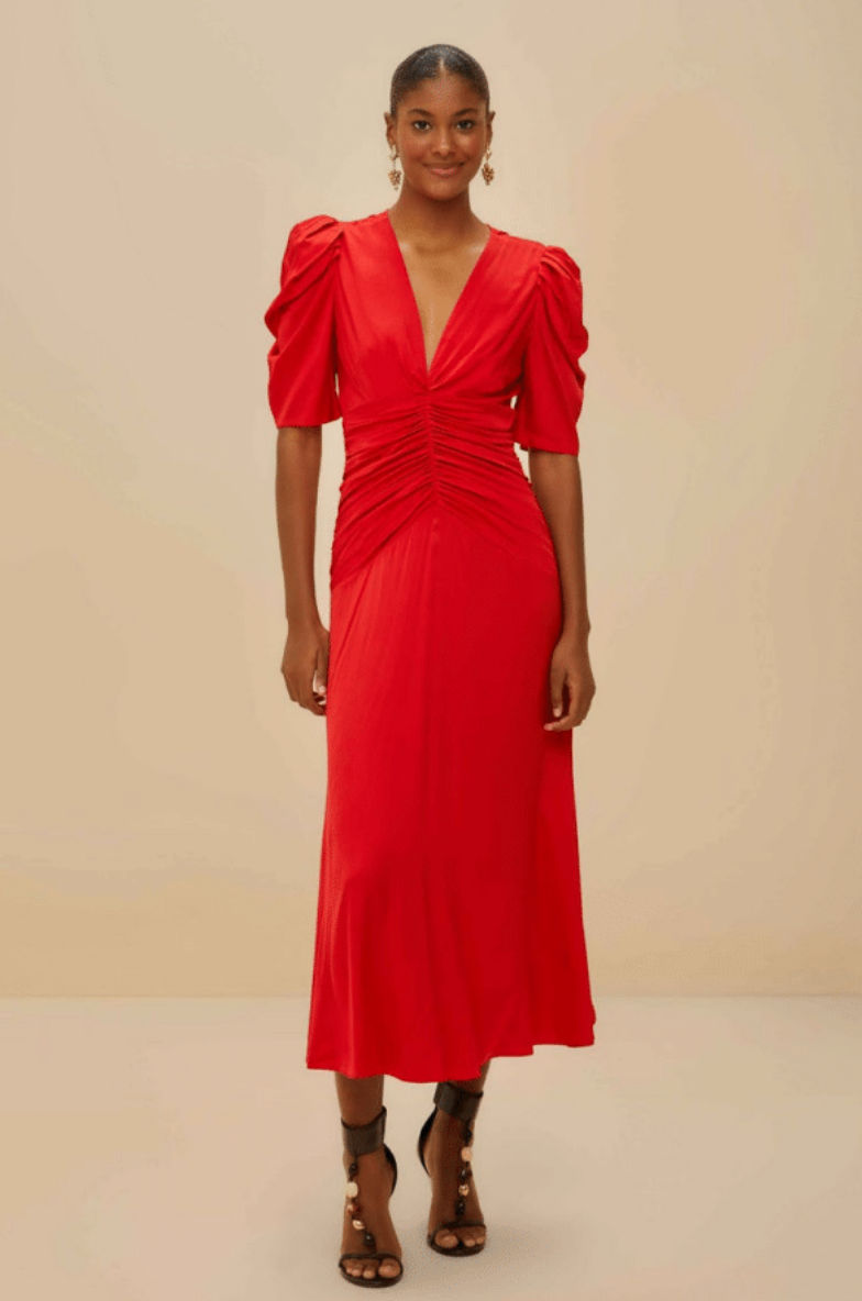 FARM Rio - Red Gathered Midi Dress