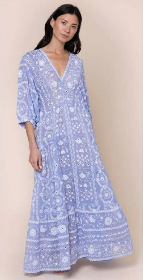 Juliet Dunn -  V-Neck Maxi Dress in Mexican Print w/ Mirror Embroidery