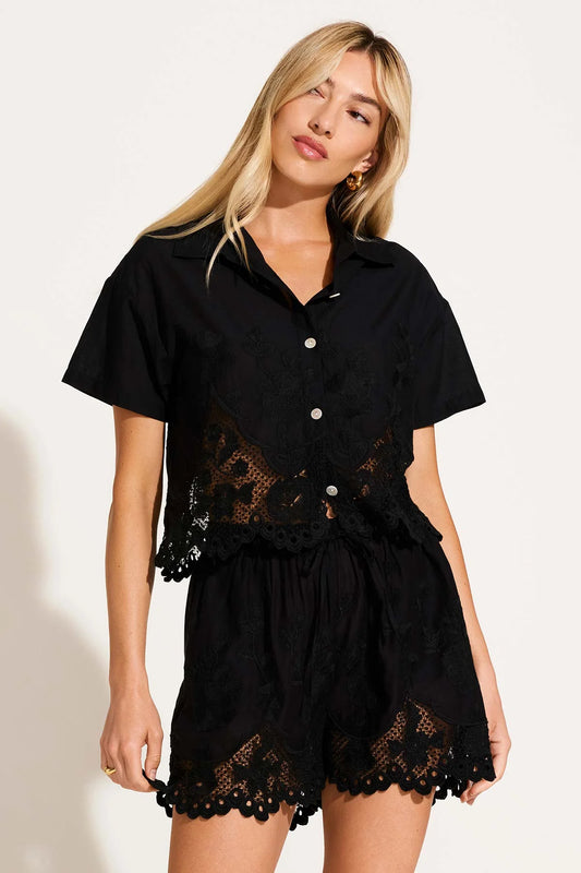 Vitamin A - Flora Cropped Shirt in Black Beachside Broderie