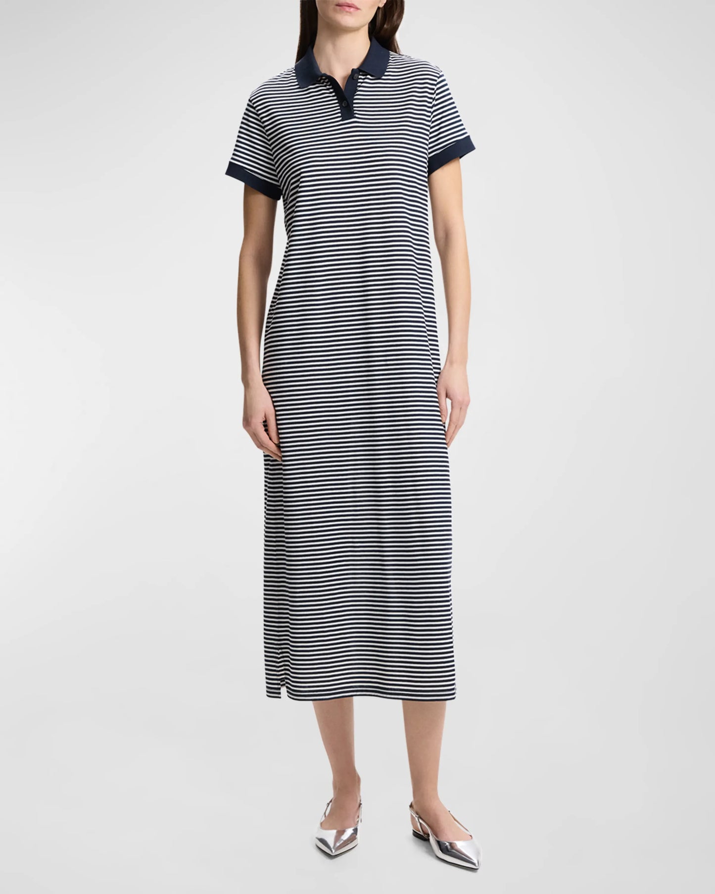 Theory - Striped Polo Short-Sleeve Midi T-Shirt Dress